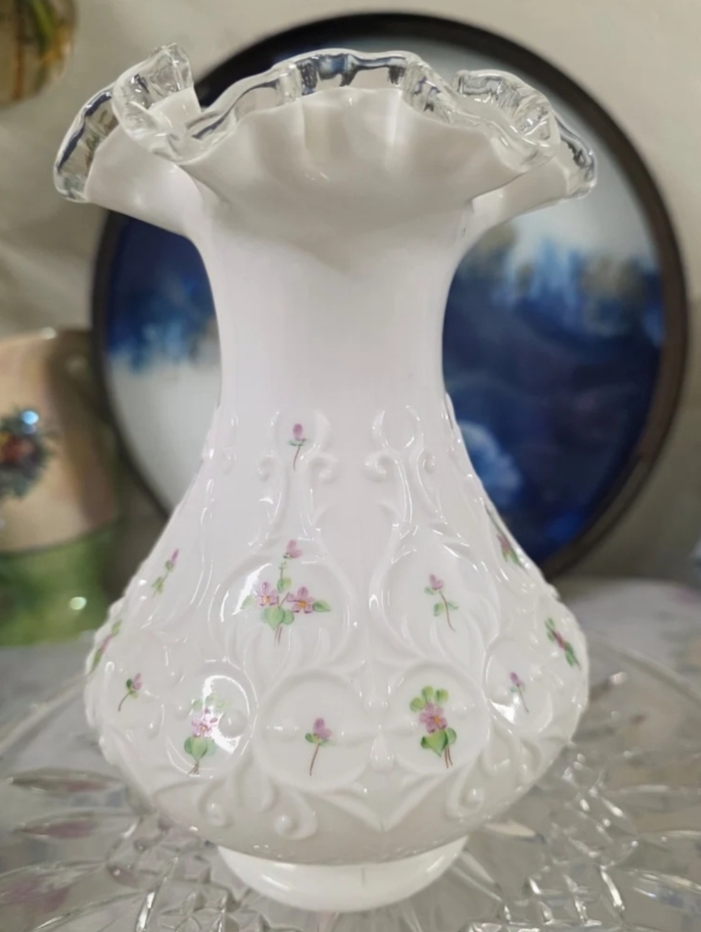 Fenton Milk Glass Crimped Silver Crest Edge 8" Vase "Violets in the Snow"